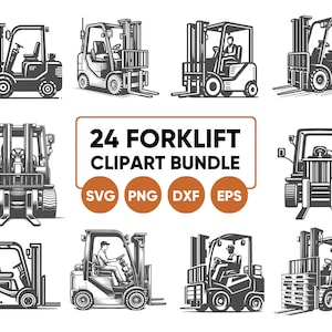 May include: A set of 24 black and white illustrations of forklifts in various positions. The illustrations are in a vintage style and are perfect for use in a variety of projects, such as website design, social media graphics, and print materials. The text "24 FORKLIFT CLIPART BUNDLE" is displayed in a brown rectangle at the top of the image. Below the text are four circles with the text "SVG", "PNG", "DXF", and "EPS" in white.
