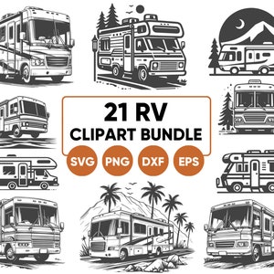 Peut inclure: Ensemble de 21 illustrations de camping-cars en noir et blanc. Les designs présentent différents styles de camping-cars, certains avec des arrière-plans panoramiques. Le lot comprend les formats SVG, PNG, DXF et EPS.