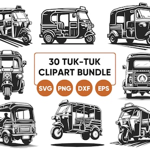 Puede incluir: Un conjunto de 30 ilustraciones en blanco y negro de tuk-tuks, un tipo de auto-rickshaw. Las ilustraciones son de estilo vintage y son perfectas para usar en una variedad de proyectos, como diseño de sitios web, gráficos de redes sociales y materiales impresos. Las ilustraciones están disponibles en formatos SVG, PNG, DXF y EPS.