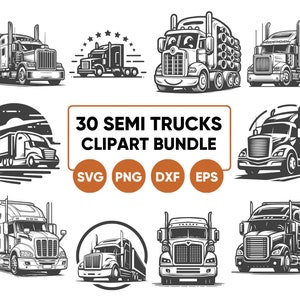 Könnte beinhalten: Ein Set mit 30 Schwarzweiß-Clipart-Illustrationen von Sattelzugmaschinen. Die Illustrationen zeigen verschiedene Sattelzugmaschinen in verschiedenen Posen, darunter Fahren, Fracht transportieren und Parken. Die Illustrationen sind perfekt für den Einsatz in kommerziellen und privaten Projekten.