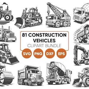 81 bouw svg png eps dxf, bouwvoertuigen vector, bouw clipart set, graver svg, lader svg, commercieel gebruik