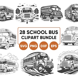 Puede incluir: Un conjunto de 28 ilustraciones en blanco y negro de autobuses escolares en varias poses. Las ilustraciones son de estilo vintage e incluyen una variedad de detalles, como faros, ventanas y puertas. Las ilustraciones son perfectas para usar en una variedad de proyectos, como scrapbooking, creación de tarjetas y diseño digital.
