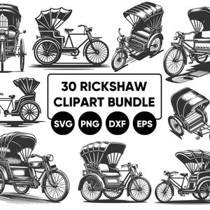 Puede incluir: Un conjunto de 30 ilustraciones vectoriales en blanco y negro de rickshaws. Las ilustraciones son de estilo vintage y presentan varios diseños de rickshaws, incluyendo estilos tradicionales y modernos. Las ilustraciones son perfectas para usar en una variedad de proyectos, como sitios web, folletos y redes sociales.