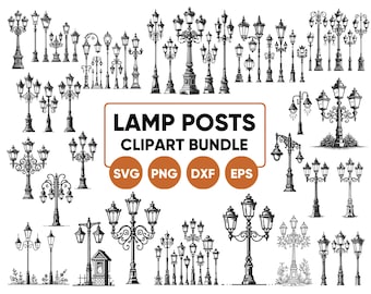 Könnte beinhalten: Eine Sammlung von 30 Schwarzweißillustrationen verschiedener Laternenmasten. Die Illustrationen sind im Vintage-Stil gehalten und umfassen verschiedene Formen, Größen und Details. Der Text "LAMP POSTS CLIPART BUNDLE" befindet sich oben im Bild, darunter die Wörter "SVG PNG DXF EPS".