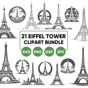 Bundle de cliparts SVG Tour Eiffel, Paris svg png eps dxf, Silhouette de la Tour Eiffel, clipart merveilles du monde, monument svg du monde
