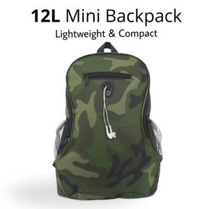 May include: A green camouflage mini backpack with a black zipper pocket and mesh side pockets. The backpack has a capacity of 12L and is described as lightweight and compact. White earbuds are connected to the backpack.