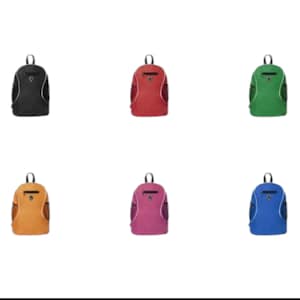 Puede incluir: Seis mochilas pequeñas en varios colores: negro, rojo, verde, naranja, rosa y azul. Cada mochila tiene un asa superior curvada, un bolsillo lateral de malla y un ribete blanco. Las mochilas se muestran sobre un fondo blanco.