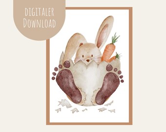 May include: A watercolor illustration of a brown bunny rabbit peeking out of a cracked egg shell. The bunny is holding a carrot in its paws. The egg shell is surrounded by pieces of broken shell.