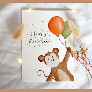 Glückwunsch Karte Kindergeburtstag Äffchen Ballon Grußkarte Postkarte Happy Birthday herzlichen Glückwunsch Aquarell watercolor boho