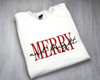 Merry and Bright Embroidered Crewneck Sweatshirt, Holiday Sweatshirt, Gift for Her, Preppy Christmas Crew Pullover, Trendy Holiday Shirt