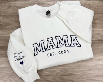 Custom Embroidered Mama Sweatshirt with Names on Sleeve – Personalized Gift for Mom