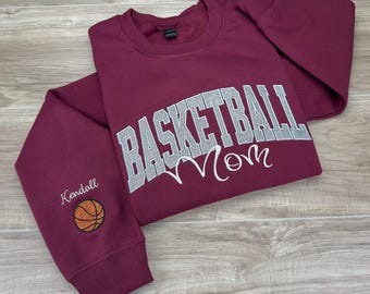 Personalized Embroidered Glitter Basketball Mom Sweatshirt with Child's Name, Personalized Basketball Team Spirit, Sports Mom Gift
