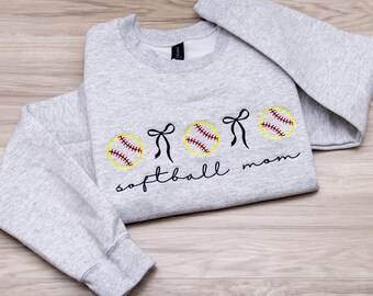 Embroidered Softball Mom Sweatshirt or T-Shirt, Softball Icons with Coquette Bows in Team Colors