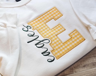 Embroidered Varsity Letter Sweatshirt, Custom Gingham Mascot Applique, Game Day Spirit Wear, Gift for Student