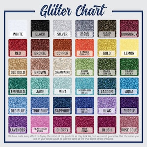 May include: A chart showing 24 different colors of glitter. The colors are arranged in four rows of six colors each. The colors are: white, black, silver, black silver, black gold, burgundy, red, bronze, copper, ember orange, gold, lemon, old gold, brown, champagne, light green, dark green, grass green, emerald, jade, mint, mermaid blue, lagoon, aqua, old blue, true blue, sapphire, royal blue, lilac, purple, lavender, flamingo pink, cherry, hot pink, blush, and rose gold.