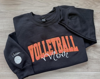 Glitter Applique Volleyball Sweatshirt, Custom Sleeve Name Crewneck, Cotton Pullover, Gift for Mom