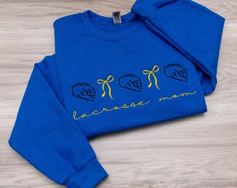 Embroidered Lacrosse Mom Sweatshirt or T-Shirt, Lacrosse Helmet with Coquette Bows in Team Colors