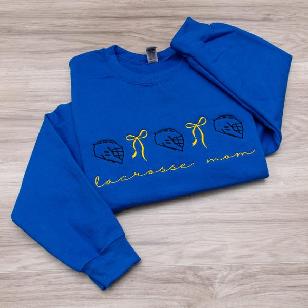 Embroidered Lacrosse Mom Sweatshirt or T-Shirt, Lacrosse Helmet with Coquette Bows in Team Colors