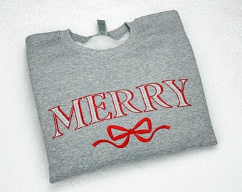 Merry Bow Embroidered Crewneck Sweatshirt, Holiday Sweatshirt, Gift for Her, Preppy Christmas Crew Pullover, Trendy Holiday Bow