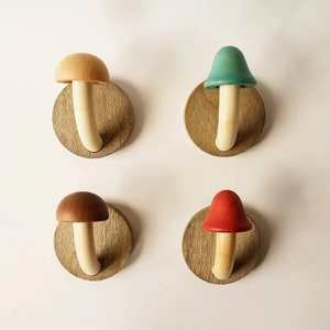 Mushroom Wood Wall Hook Rack Hanging Adhesive Coat Hanger Coat Rack Towel Decorative Hooks 4 pieces All 4 colors