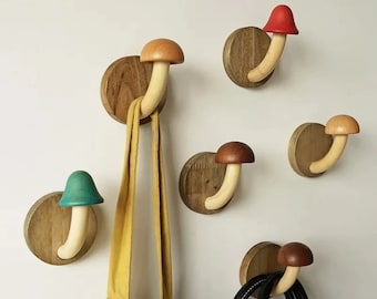 Mushroom Wood Wall Hook Rack Hanging Adhesive Coat Hanger Coat Rack Towel Decorative Hooks 4 pieces