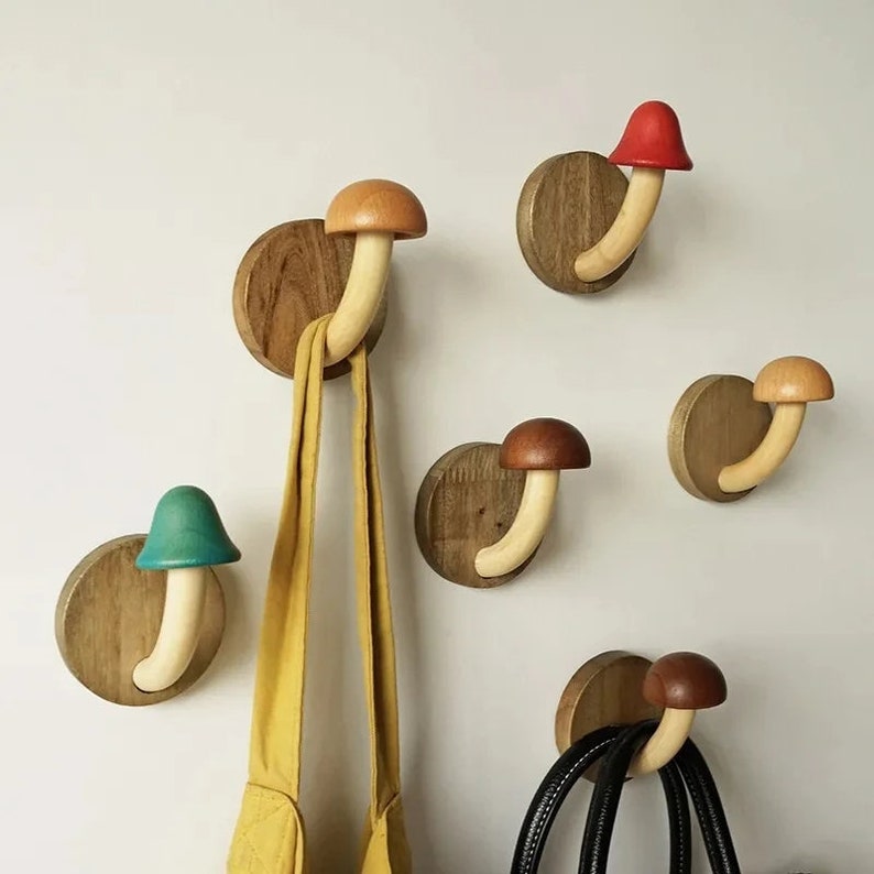 Mushroom Wood Wall Hook Rack Hanging Adhesive Coat Hanger Coat Rack Towel Decorative Hooks 4 pieces zdjęcie 1