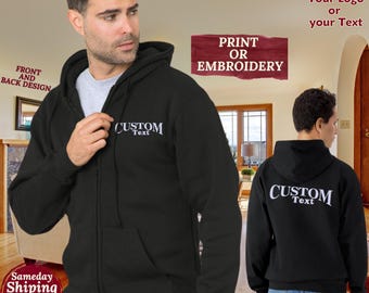 Sudadera con capucha bordada personalizada con cremallera y logotipo comercial, chaqueta con cremallera y texto personalizado, monograma con números romanos personalizados, sudadera con capucha personalizada con cremallera para parejas
