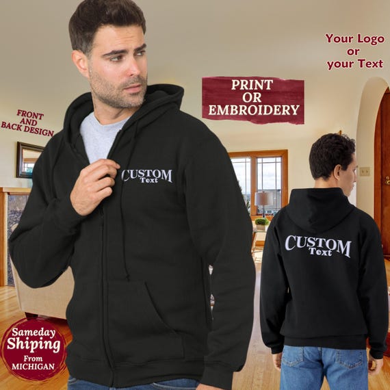 Custom Embroidered Zip up Hoodie Business Logo Custom Text Zip Jacket Personalized Roman numerals Monogram Customized Couple Zip Up Hoodie