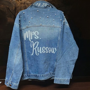 Personalized Mrs Last Name Jean Jacket Custom Bride Denim Jacket Engagement Future Mrs bridal shower Just Married Honeymoon Couple gift Idea