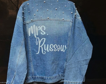 Personalized Mrs Last Name Jean Jacket Custom Bride Denim Jacket Engagement Future Mrs bridal shower Just Married Honeymoon Couple gift Idea