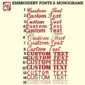 May include: An image displaying embroidery fonts and monograms. The text "EMBROIDERY FONTS & MONOGRAMS" is at the top. Fifteen different font styles are shown in red, each with the words "Custom Text". The Affinity Gifts logo is in the upper left corner.