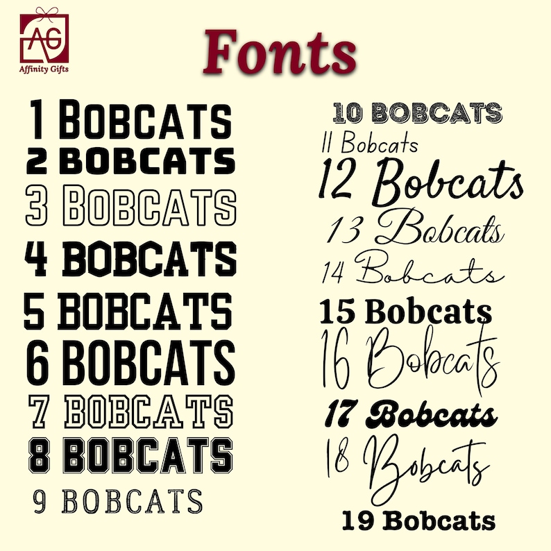 May include: A beige graphic displaying different font styles for the word "Bobcats". The fonts vary from bold block letters to elegant scripts, with the numbers 1 to 19 shown above each font style. The word "Fonts" is written in burgundy at the top.