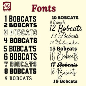 May include: A graphic showing 19 different font styles for the word "BOBCATS". The fonts range from simple and bold to more decorative and cursive.