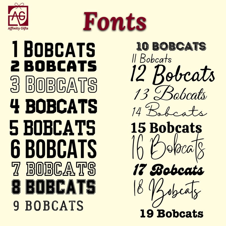 May include: A graphic showing 19 different font styles for the word "BOBCATS". The fonts range from simple and bold to more decorative and cursive.