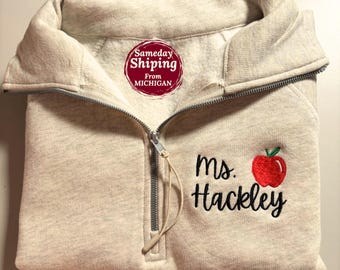 Custom Embroidery Teacher Sweatshirt with pocket, Embroidered Teacher Gift Quarter Zip Sweatshirt Personalized Embroidery Teacher Sweatshirt