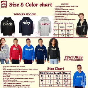 May include: Size chart for toddler and youth hoodies. The chart shows different colors and sizes for the hoodies. The chart includes measurements for width, length, and sleeve length in inches.