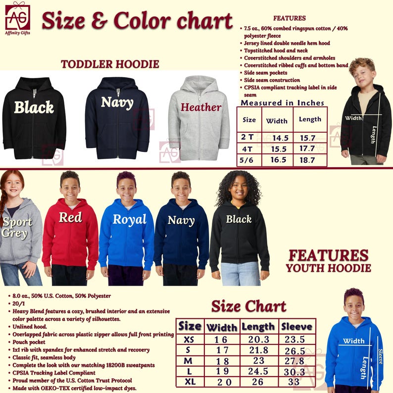 May include: Size chart for toddler and youth hoodies. The chart shows different colors and sizes for the hoodies. The chart includes measurements for width, length, and sleeve length in inches.