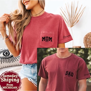 Camiseta personalizada Mamá Papá Comfort Colors® Camiseta personalizada Mamá Papá con bolsillo Camiseta de anuncio de embarazo Conjunto a juego para nuevos padres Manga de regalo