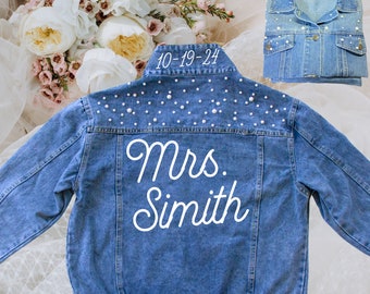 Wedding Bridal Denim Jacket, Bride Denim jacket with pearls, Mrs Custom Jean Jacket, Date under the collar jacket, Personalized jacket-autum