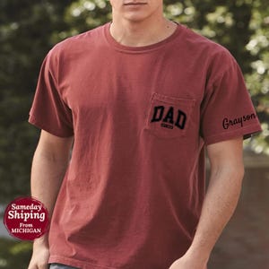 Custom Dad Pocket Shirt with Kids Names on Sleeve, Custom Grandpa Comfort Colors® Pocket Shirt, Personalized Fathers Day Gift Tee from Kids