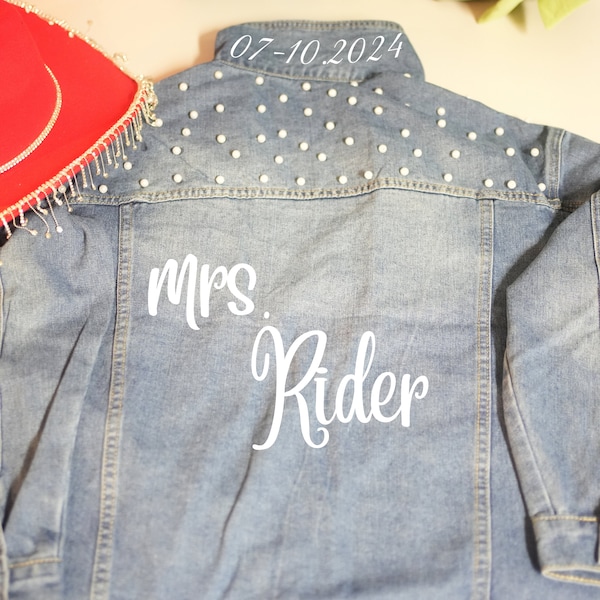 Personalized Mrs Last Name Jean Jacket Custom Bride Denim Jacket Engagement Future Mrs bridal shower Just Married Honeymoon Couple gift Idea