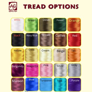 May include: A chart of 24 thread colors for embroidery, including white, green, olive, forest, orange, black, navy blue, brown, coffee, red, yellow, gold, cream, beige, tan, burgundy, magenta, pink, silver, gray, maroon, blue, turquoise, teal, and purple.