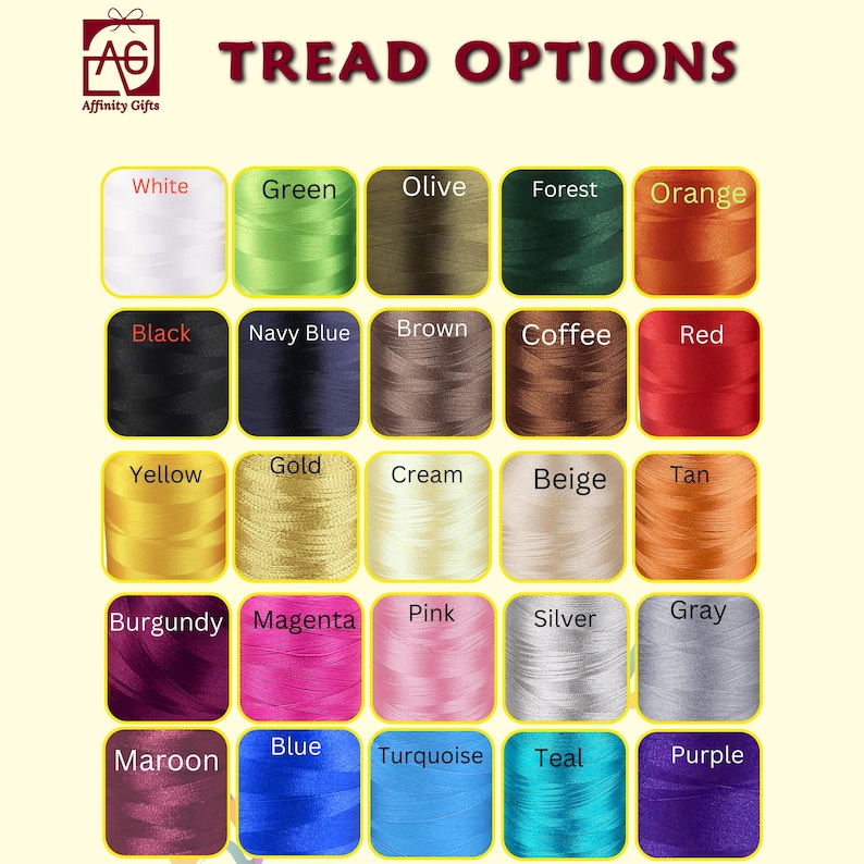 May include: A chart of 24 thread colors for embroidery, including white, green, olive, forest, orange, black, navy blue, brown, coffee, red, yellow, gold, cream, beige, tan, burgundy, magenta, pink, silver, gray, maroon, blue, turquoise, teal, and purple.