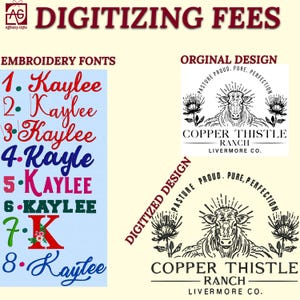 May include: A digital design service for embroidery fonts. The image shows eight different variations of the name "Kaylee" in various colors and styles. The image also shows a logo for "Copper Thistle Ranch" with a cow and thistle design.