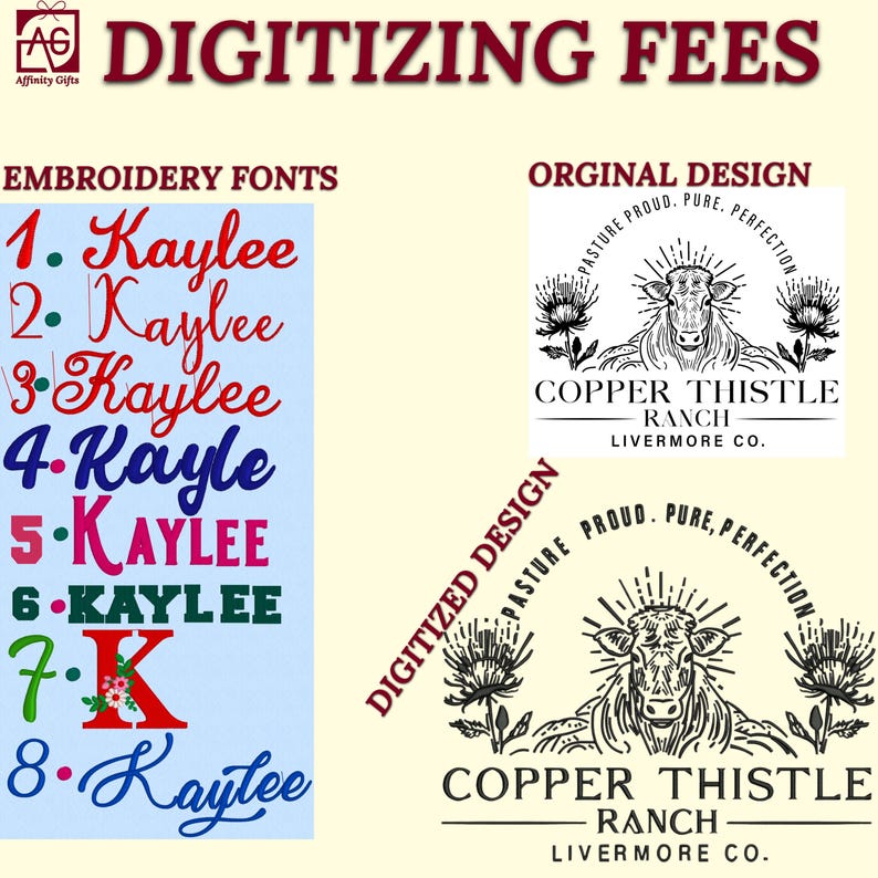 May include: A digital design service for embroidery fonts. The image shows eight different variations of the name "Kaylee" in various colors and styles. The image also shows a logo for "Copper Thistle Ranch" with a cow and thistle design.