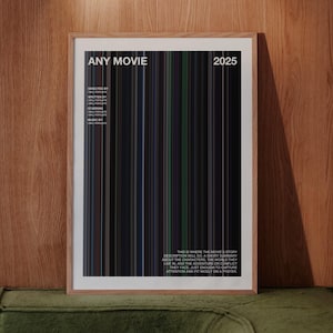 Peut inclure: Une affiche encadrée avec le texte "ANY MOVIE" et "2025" en haut. L'affiche présente des rayures verticales de différentes couleurs, dont le noir, le bleu, le vert et le blanc. En dessous des rayures se trouve une description du film. L'affiche est affichée sur un mur en bois.