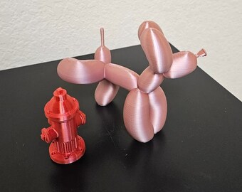 Balloon dog peeing statue w/ fire hydrant- Shimmering rose gold color 6 inch statue