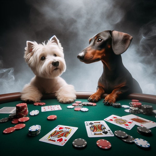 Two dogs - westie and dachshund playing poker - Sublimation PNG file - Instant digital download