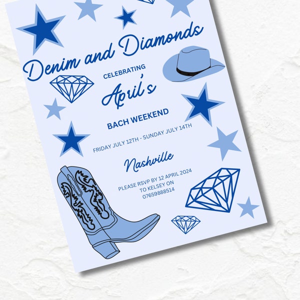 Denim and Diamonds | Hen Party Invitation | Bachelorette Party Invitation | Itinerary | Editable | Printable or Digital Invite