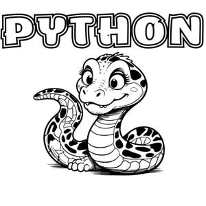 Può includere: Illustrazione a fumetti in bianco e nero di un serpente con la scritta "PYTHON" sopra. Il serpente ha un'espressione amichevole ed è decorato con macchie e motivi.